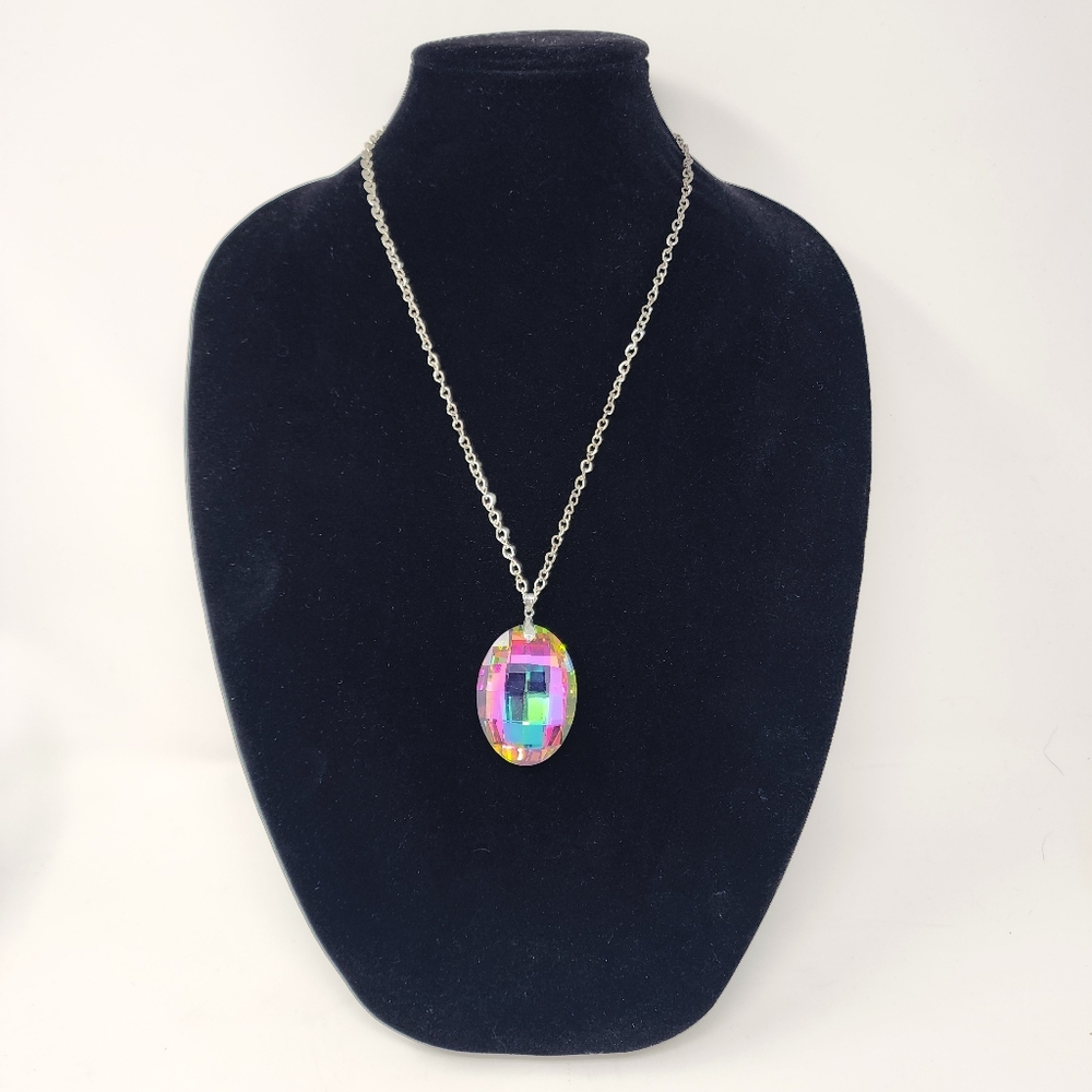 Silver Chain With Multicolor‎ Oval Large Pendant And Necklace - Picture 2 of 12